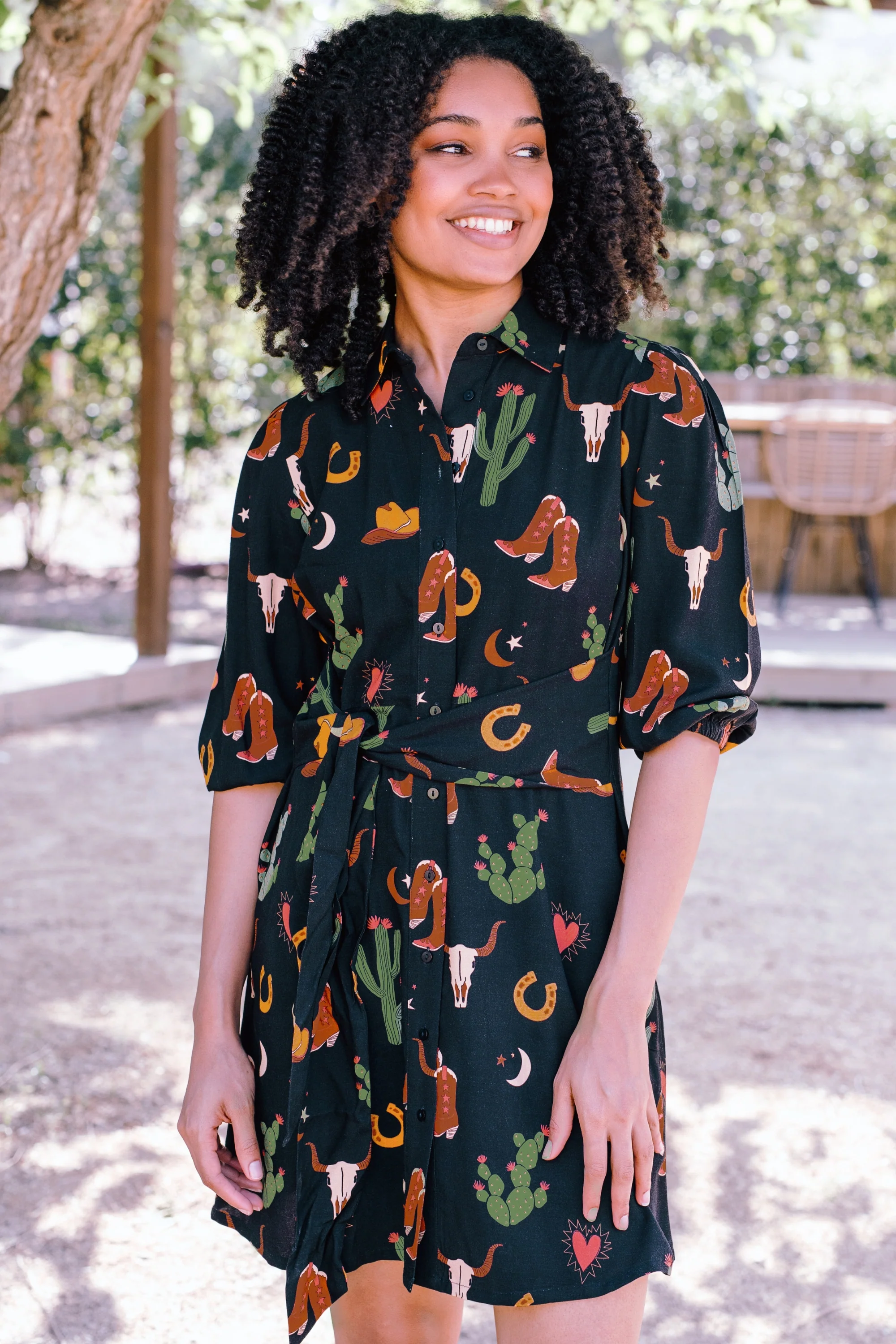 Mildred Mini Shirt Dress - Black, Cowgirl Print - Image 6