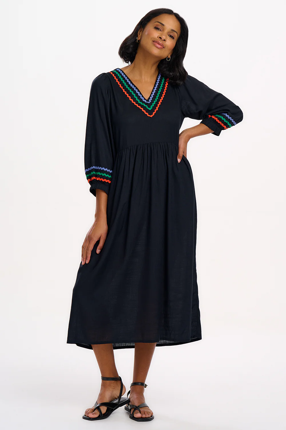 Miquita Midi Smock Dress - Black, Rainbow Ric Rac - Image 3