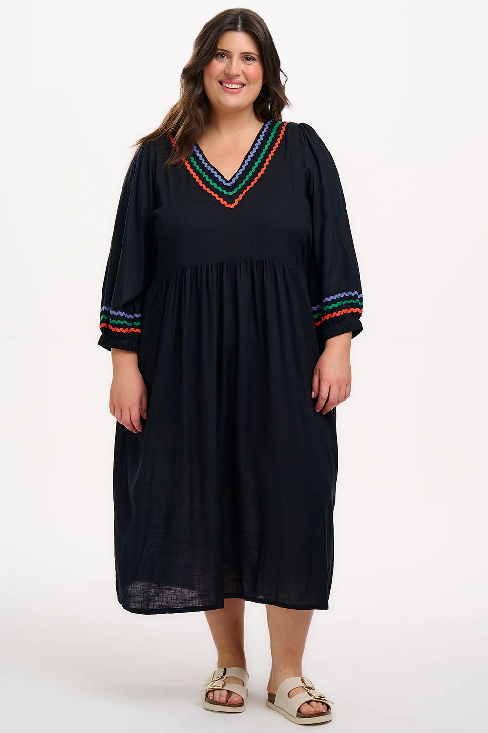 Miquita Midi Smock Dress - Black, Rainbow Ric Rac - Image 4