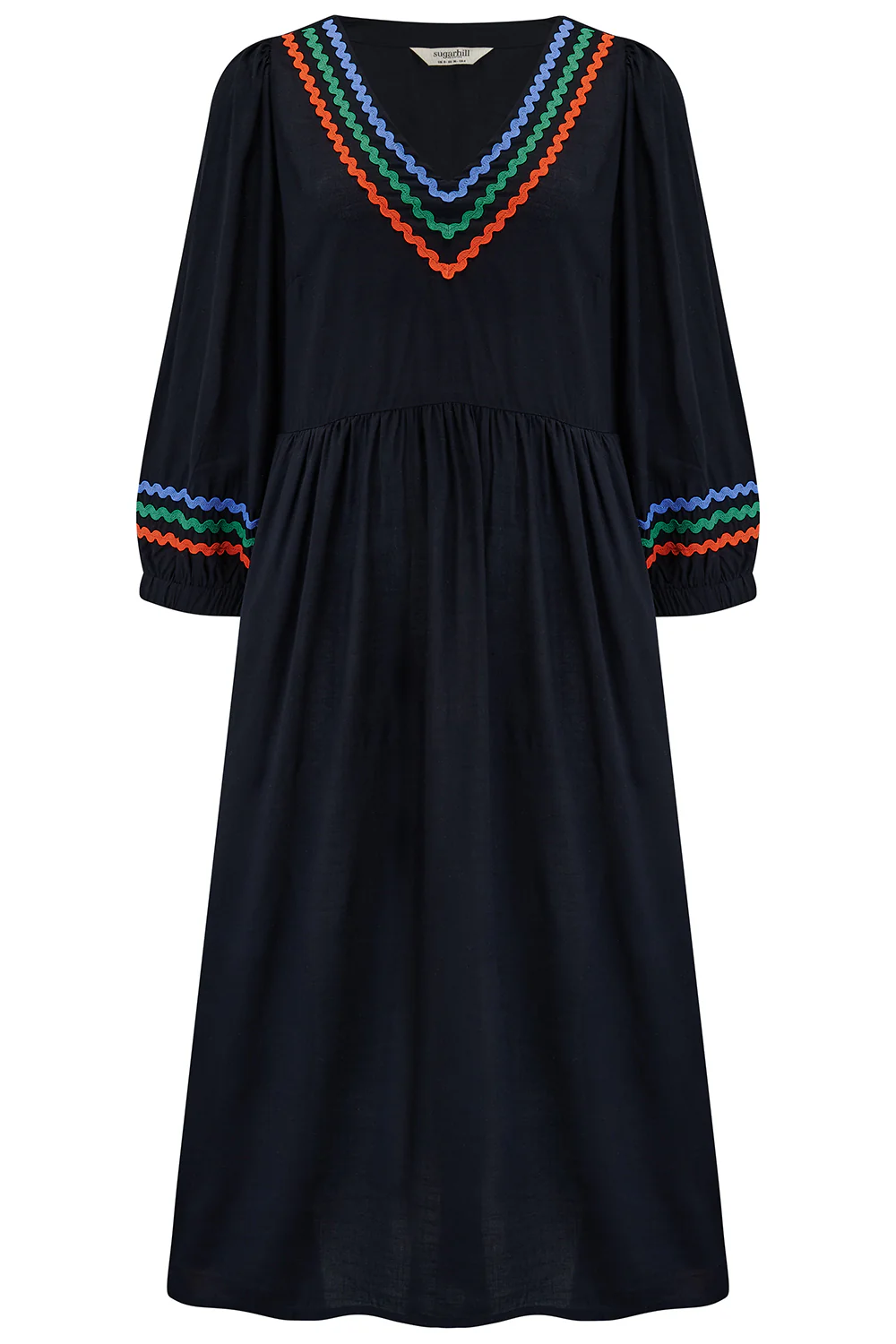 Miquita Midi Smock Dress - Black, Rainbow Ric Rac - Image 6