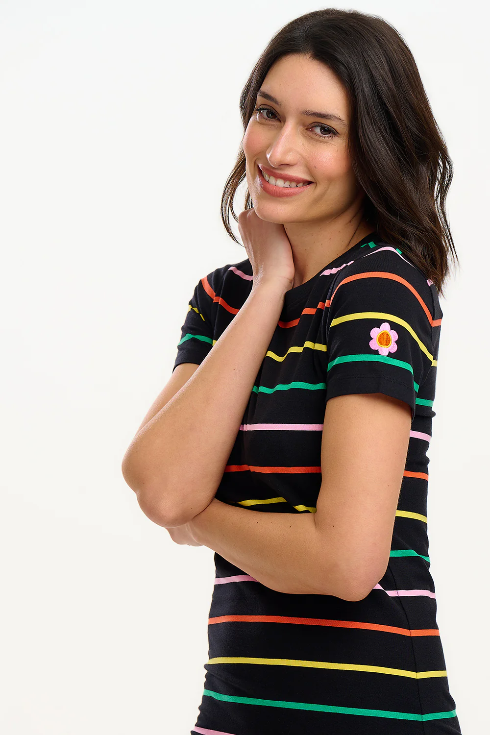 Monique Jersey Midi Dress - Black, Citrus Stripes - Image 2