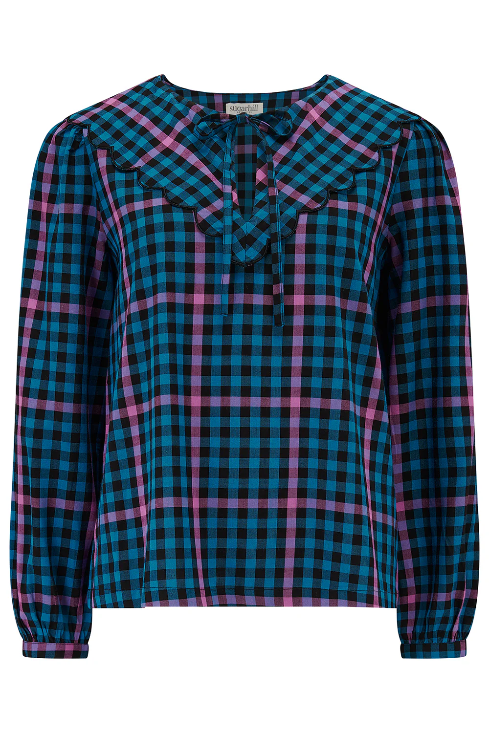 Nessie Scallop Collar Blouse - Black/Teal, Twilight Gingham - Image 8