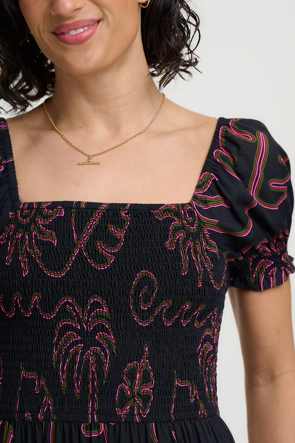 Nicole Shirred Midi Dress - Black, Tropical Lines - Image 3