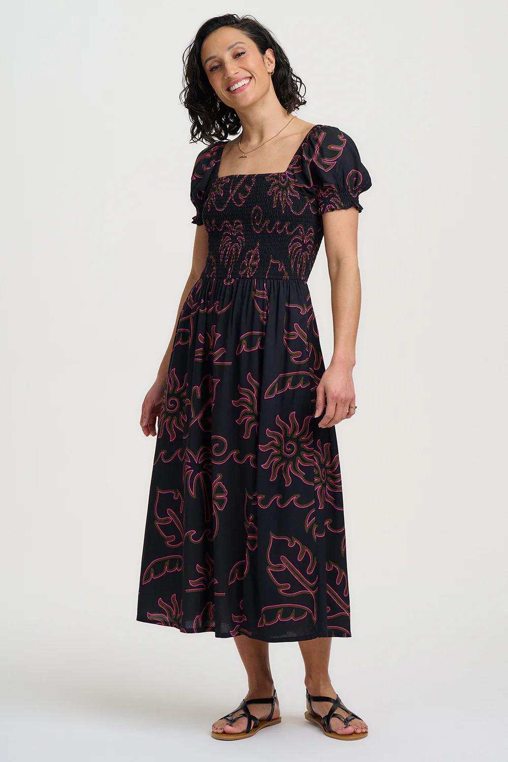 Nicole Shirred Midi Dress - Black, Tropical Lines - Image 5