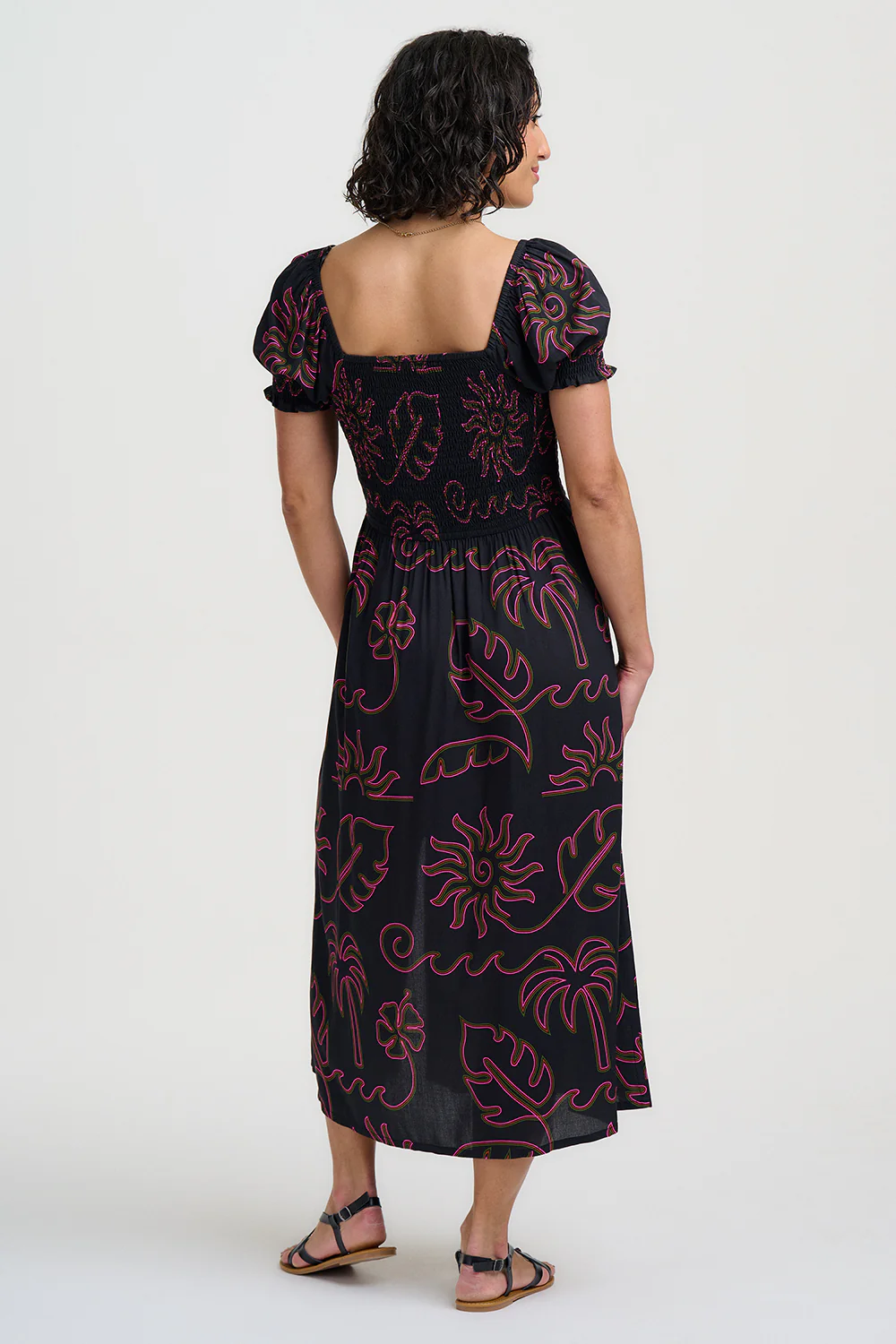 Nicole Shirred Midi Dress - Black, Tropical Lines - Image 6