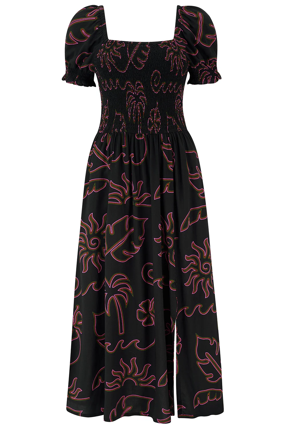 Nicole Shirred Midi Dress - Black, Tropical Lines - Image 7