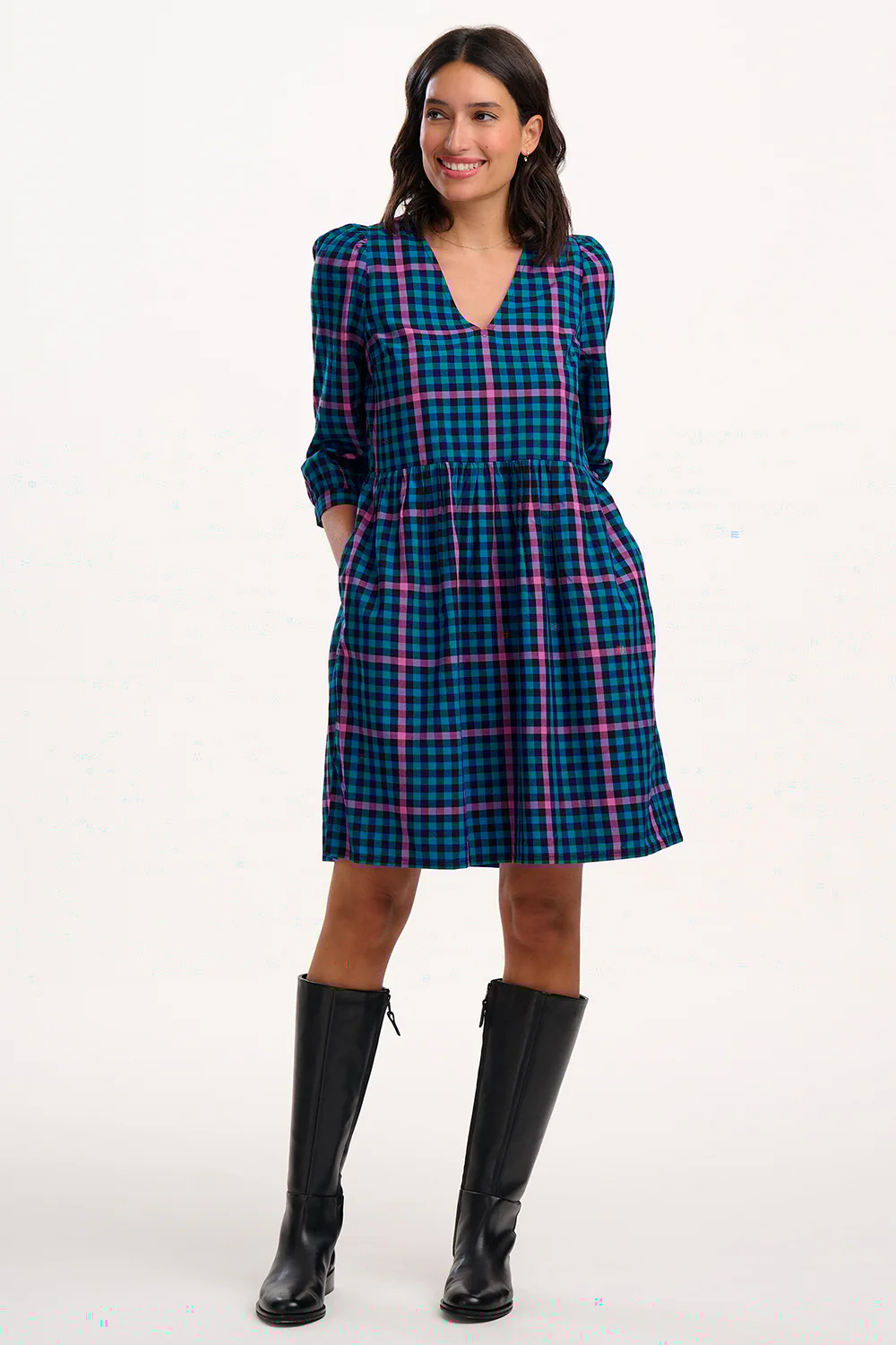 Nigella Mini Smock Dress - Black/Teal, Twilight Gingham - Image 3