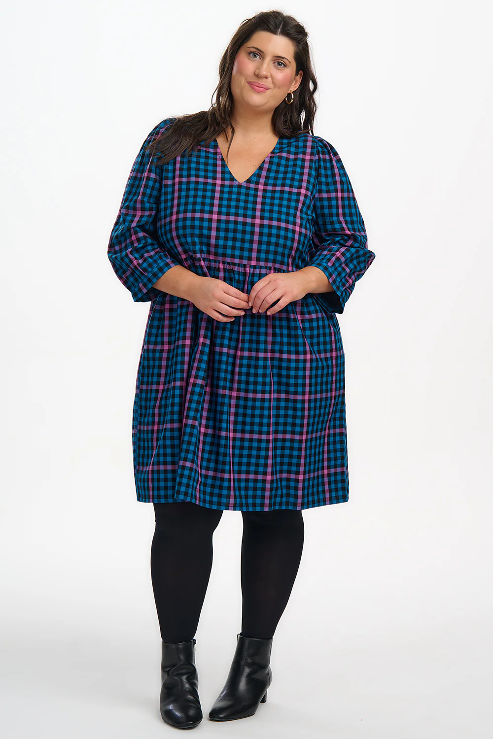 Nigella Mini Smock Dress - Black/Teal, Twilight Gingham - Image 4