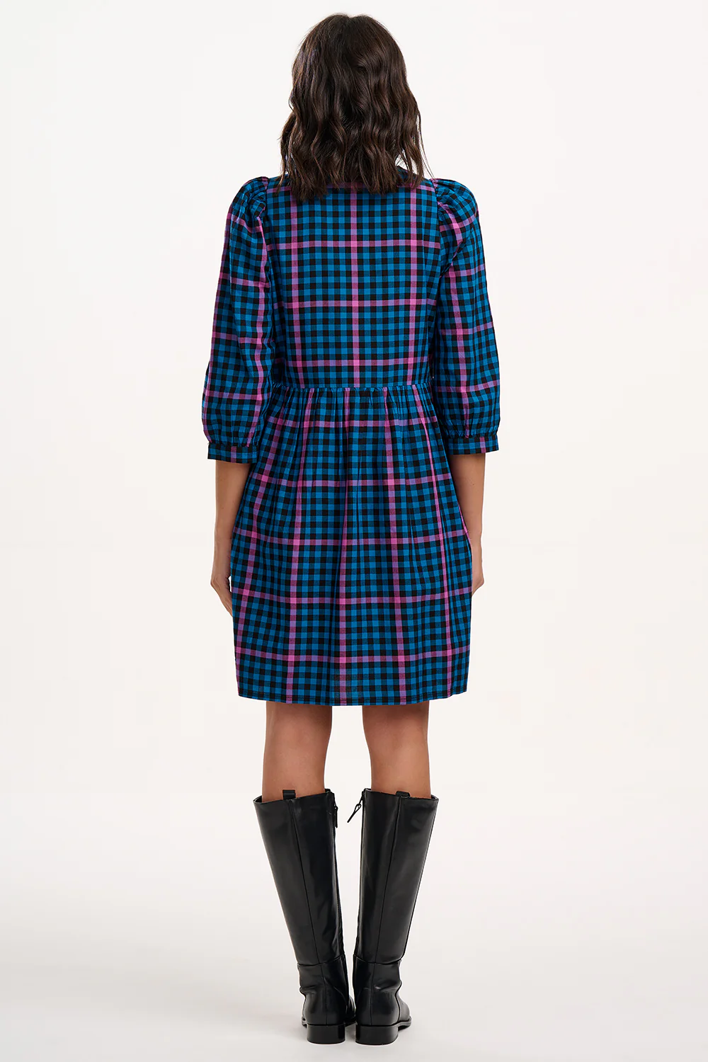 Nigella Mini Smock Dress - Black/Teal, Twilight Gingham - Image 5