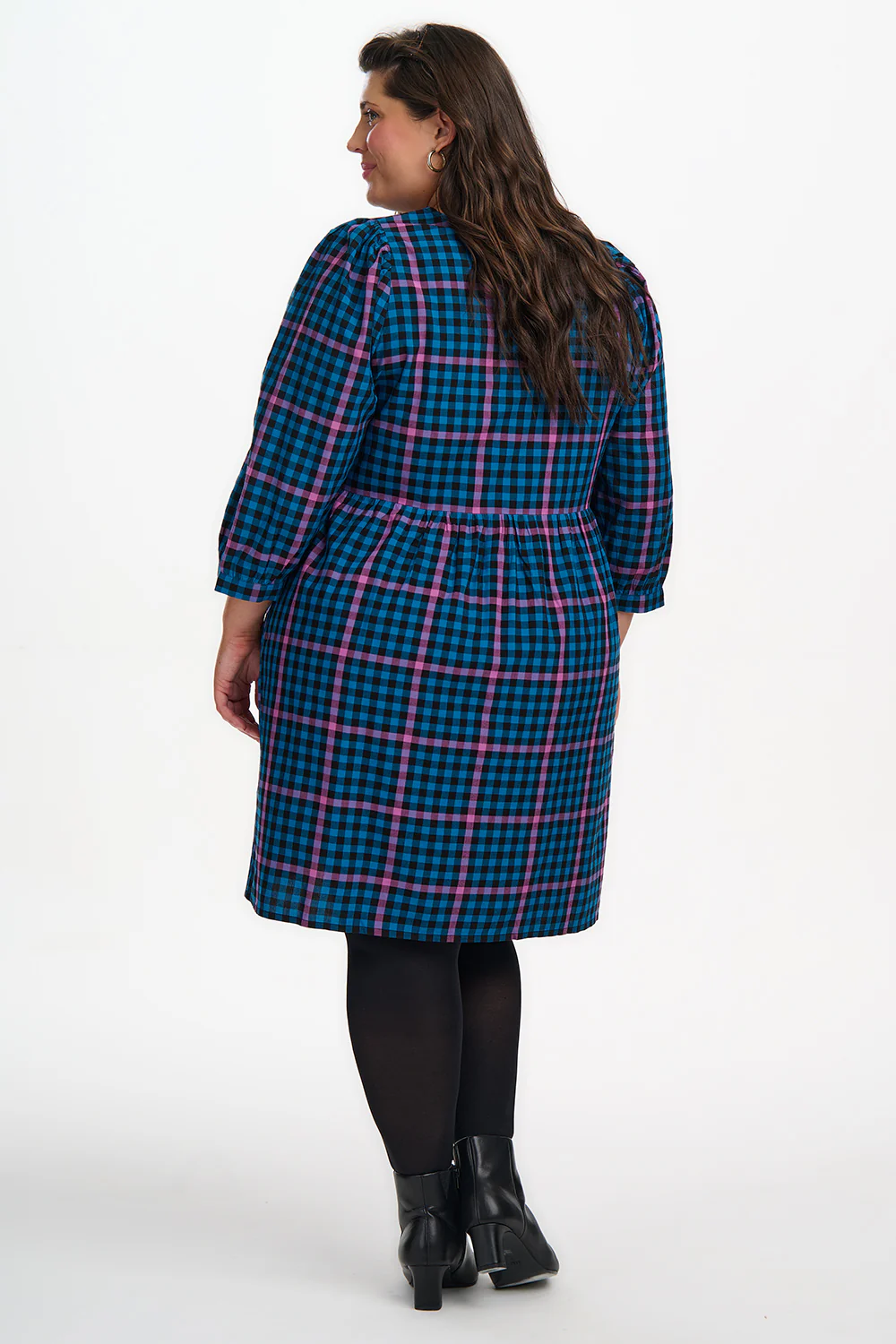 Nigella Mini Smock Dress - Black/Teal, Twilight Gingham - Image 6