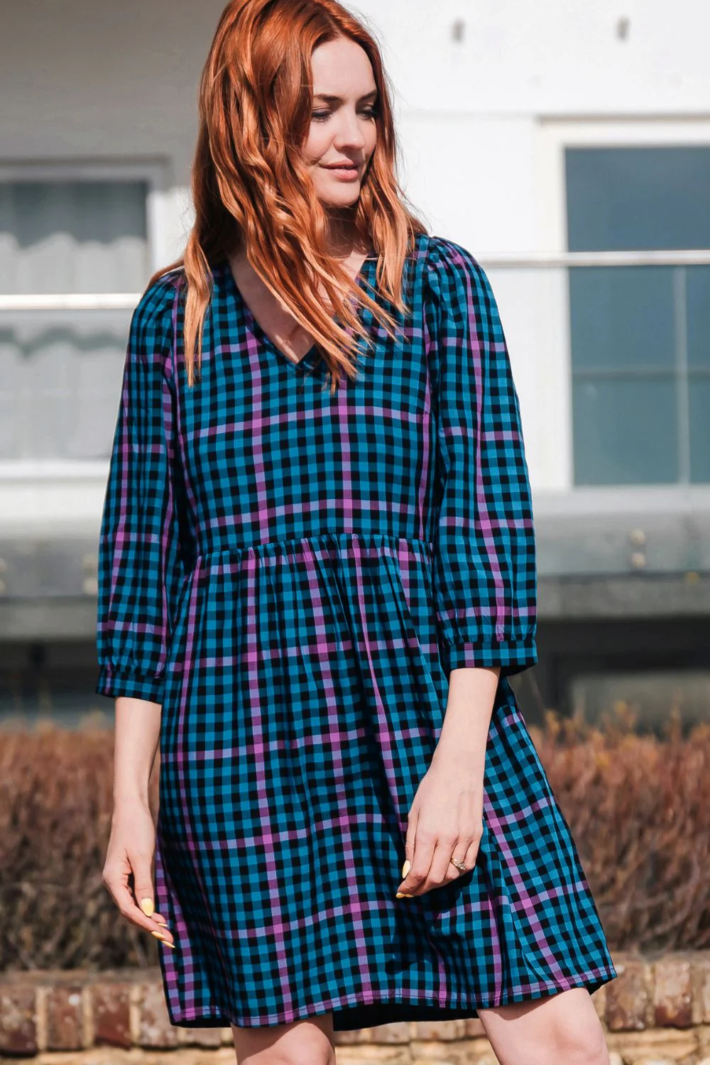 Nigella Mini Smock Dress - Black/Teal, Twilight Gingham - Image 7