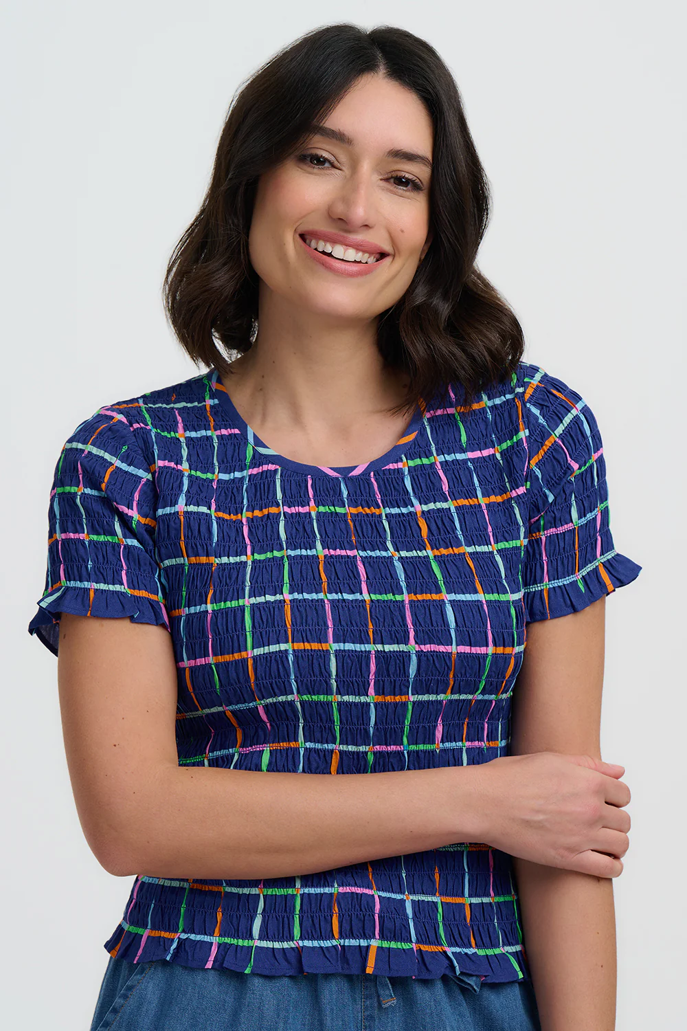 Orelia Shirred Top - Blue, Matchstick Check