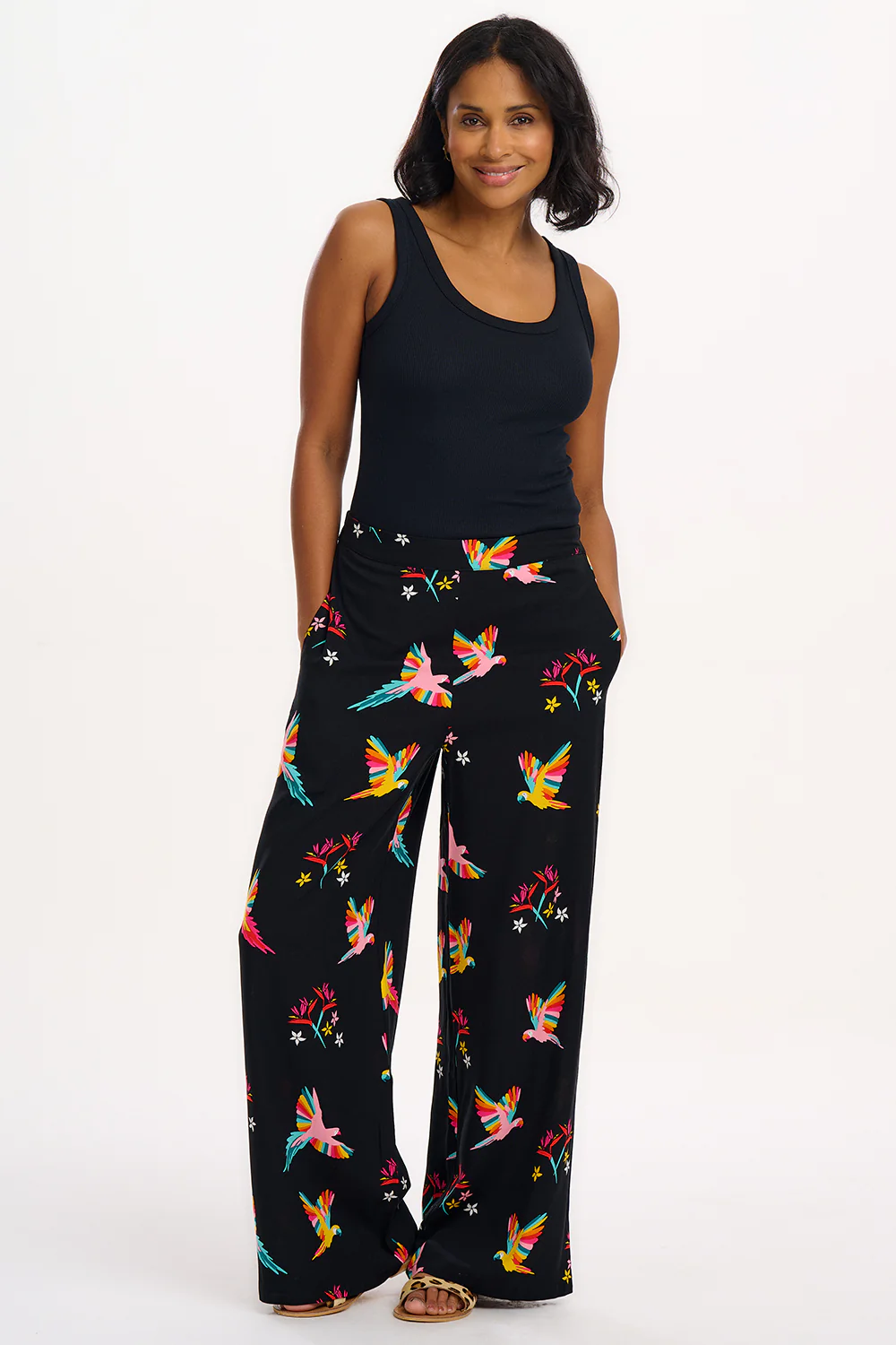 Patsy Palazzo Pants - Black, Tropical Parrots - Image 5