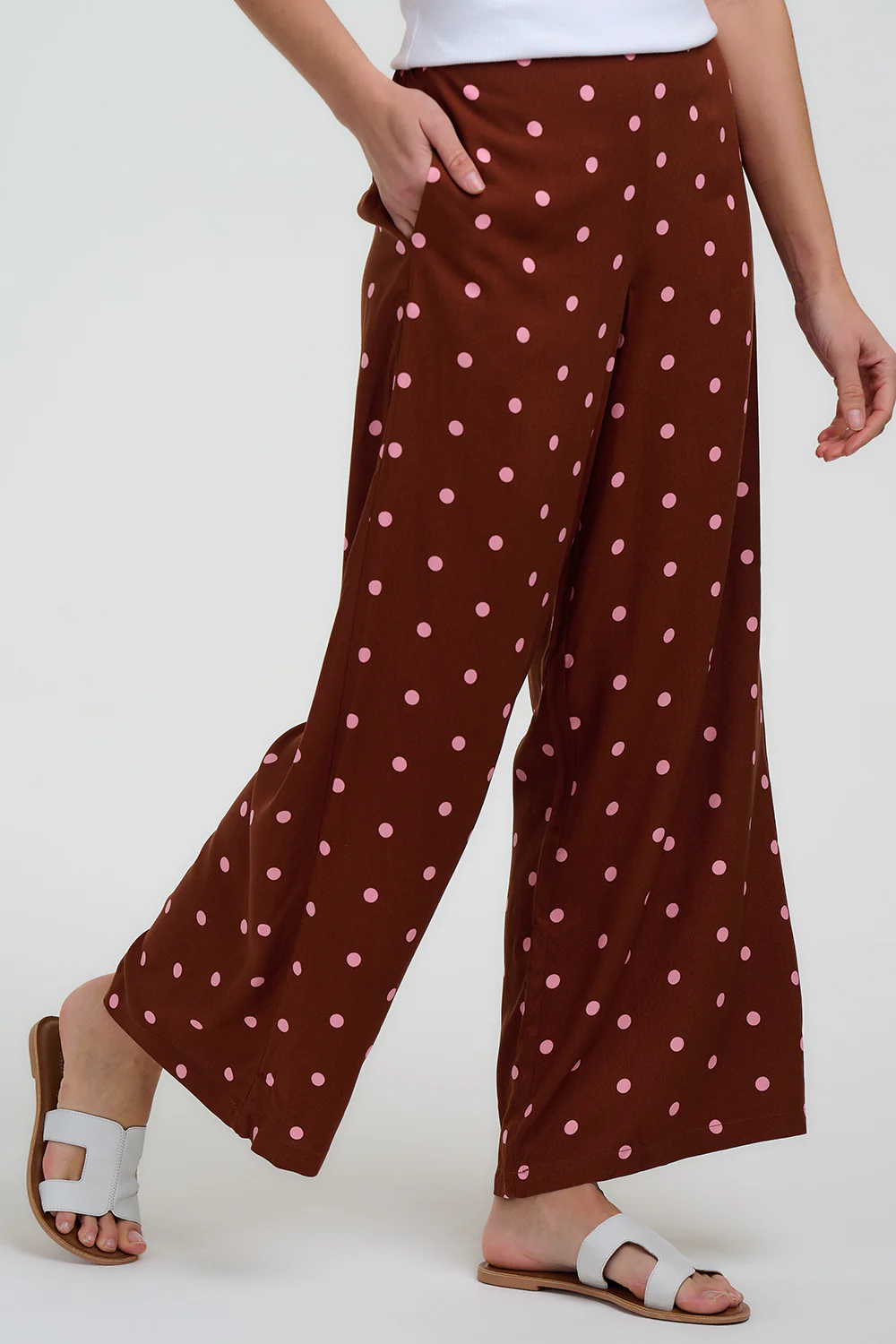 Patsy Palazzo Trousers - Brown, Pink Polka