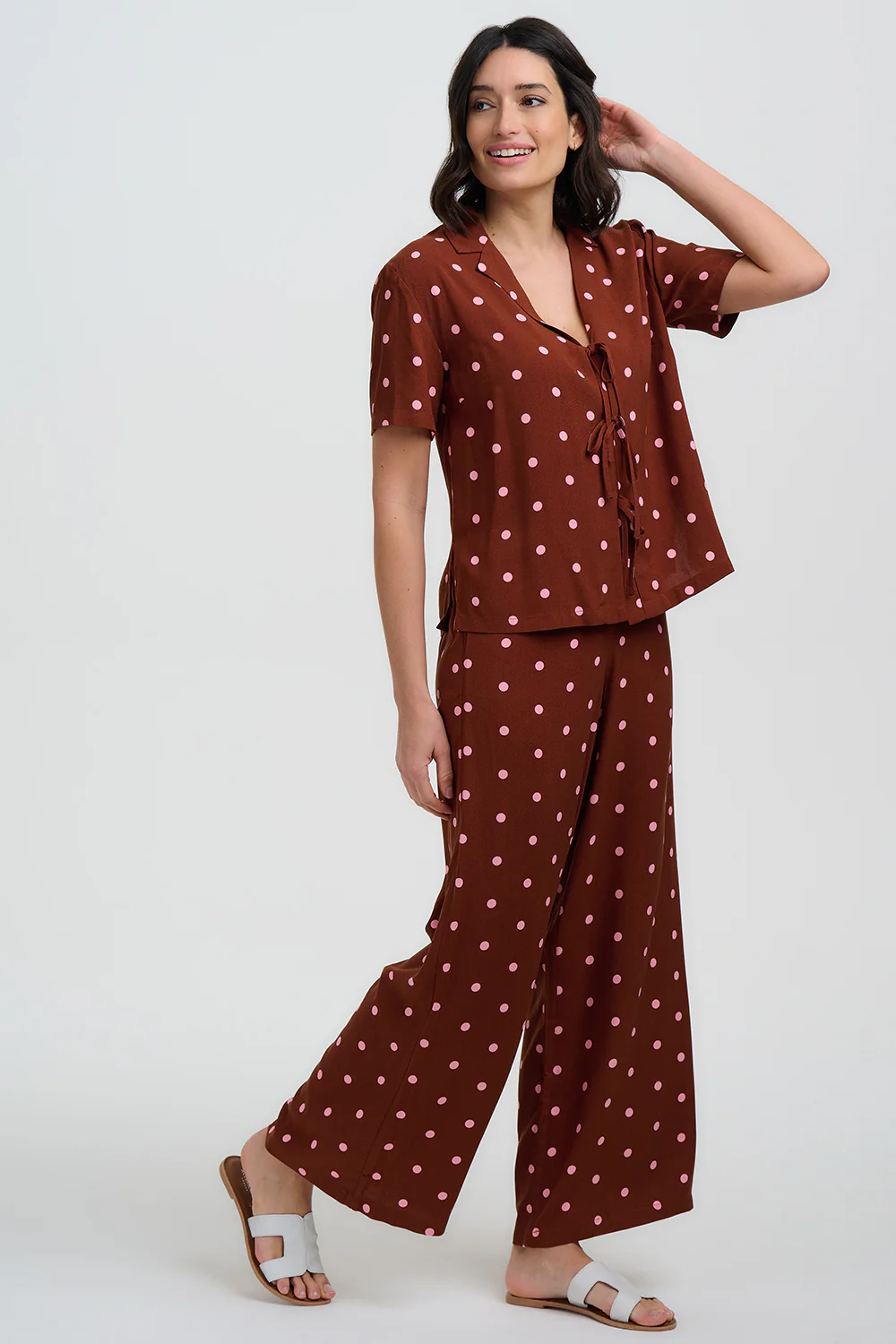 Patsy Palazzo Trousers - Brown, Pink Polka - Image 3