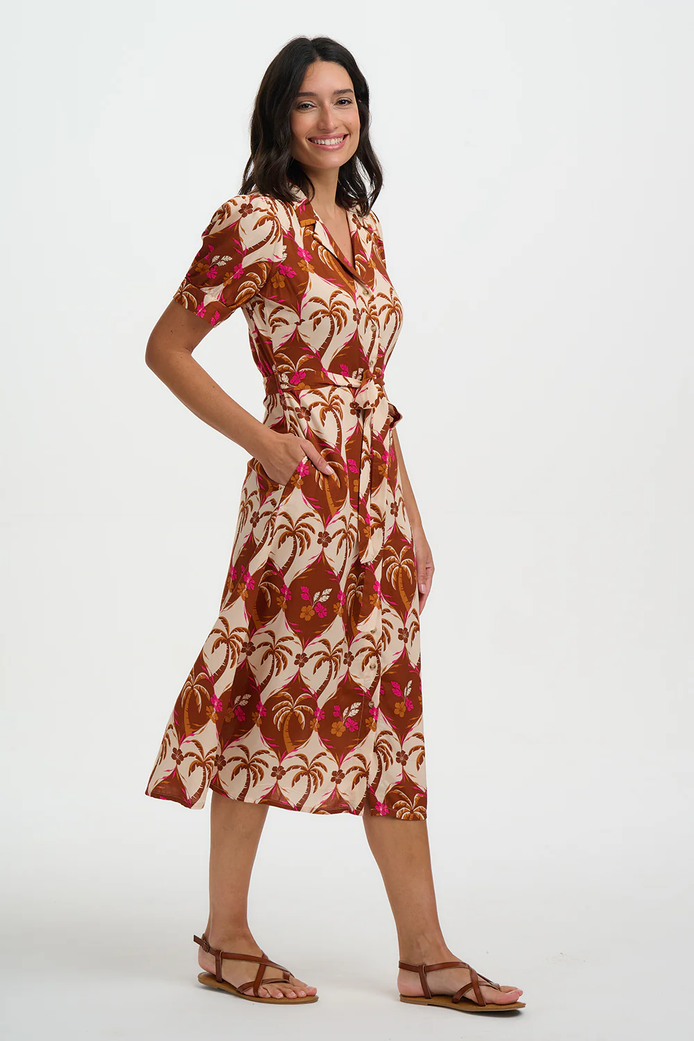 Penelope Midi Shirt Dress - Browns, Palm Waves Tile - Image 4