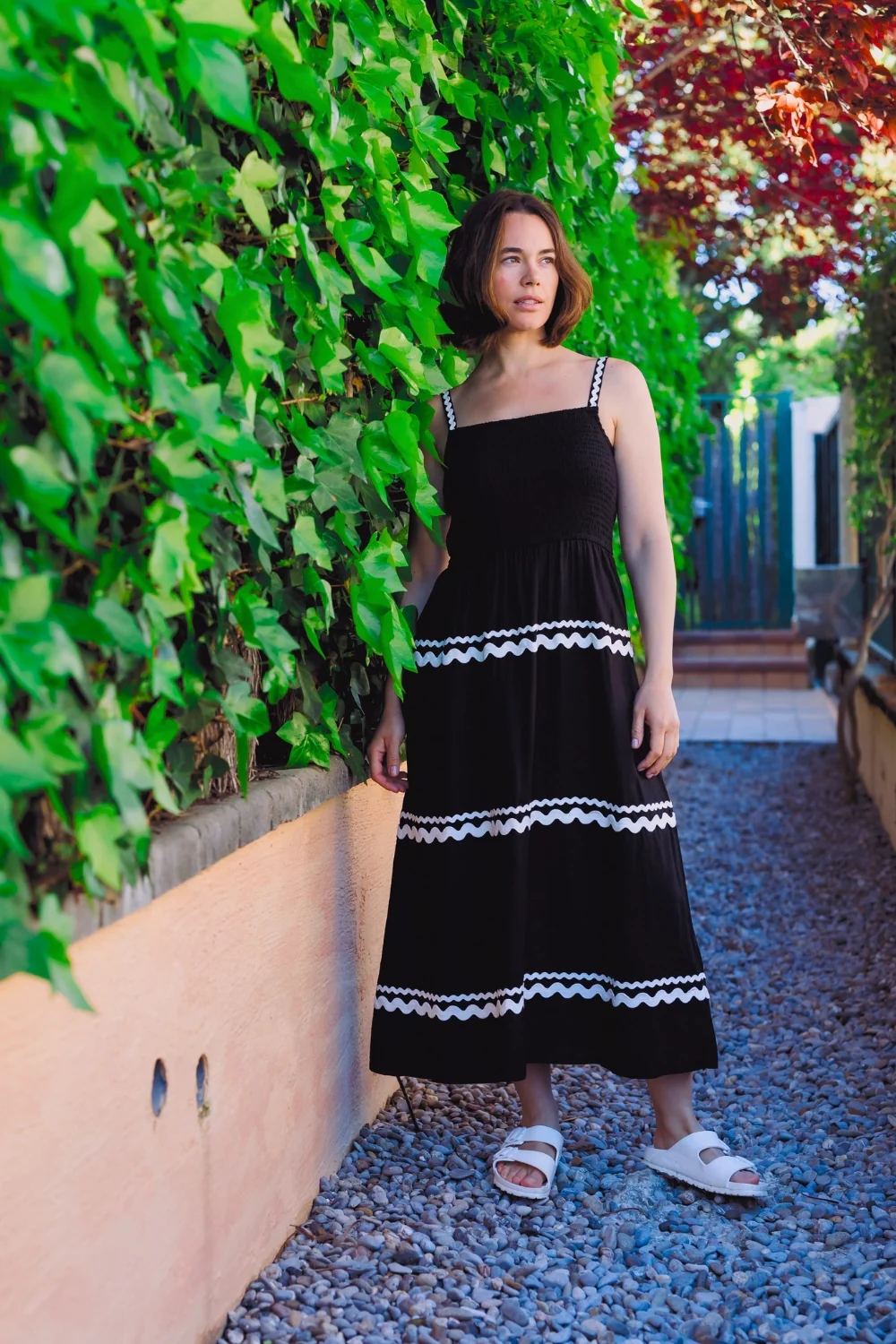 Penrose Shirred Sundress - Black Monochrome Ric Rac