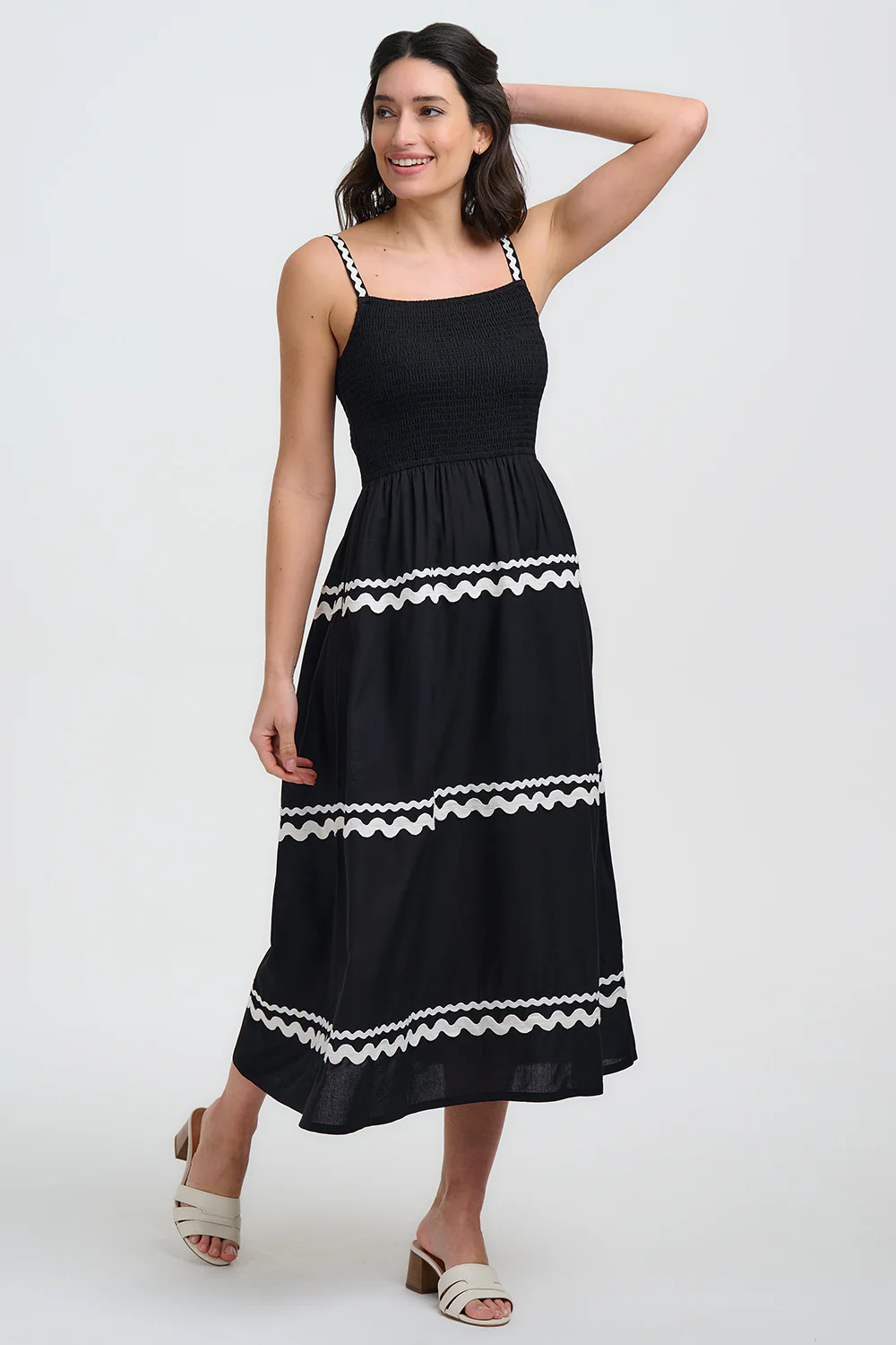 Penrose Shirred Sundress - Black Monochrome Ric Rac - Image 2