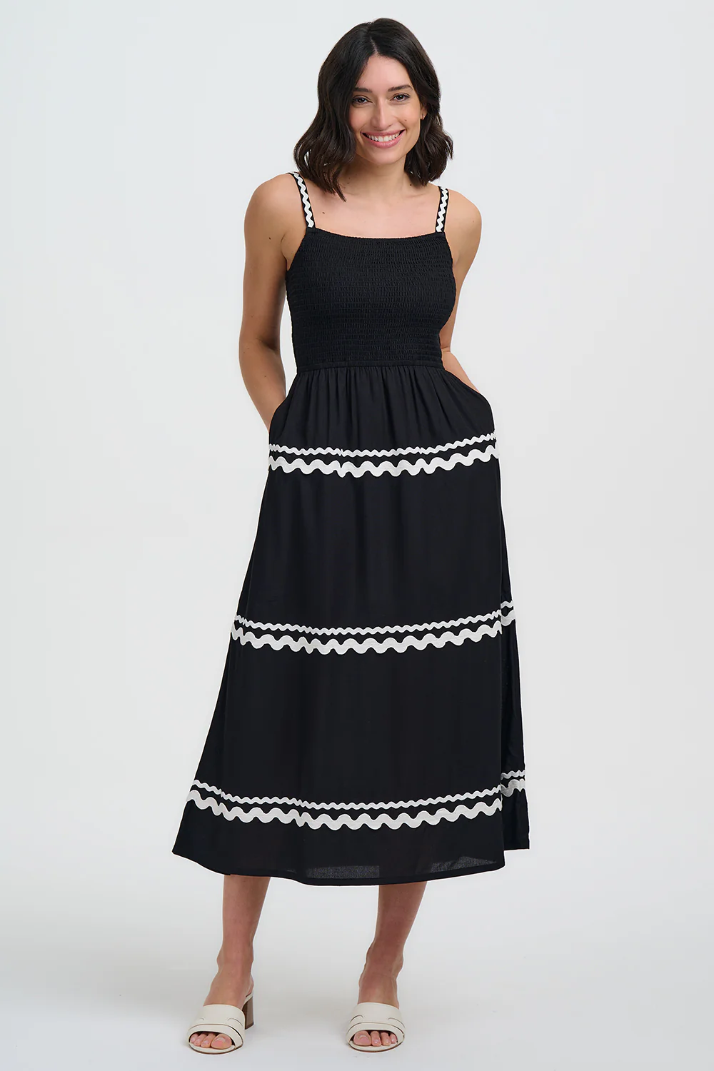Penrose Shirred Sundress - Black Monochrome Ric Rac - Image 4