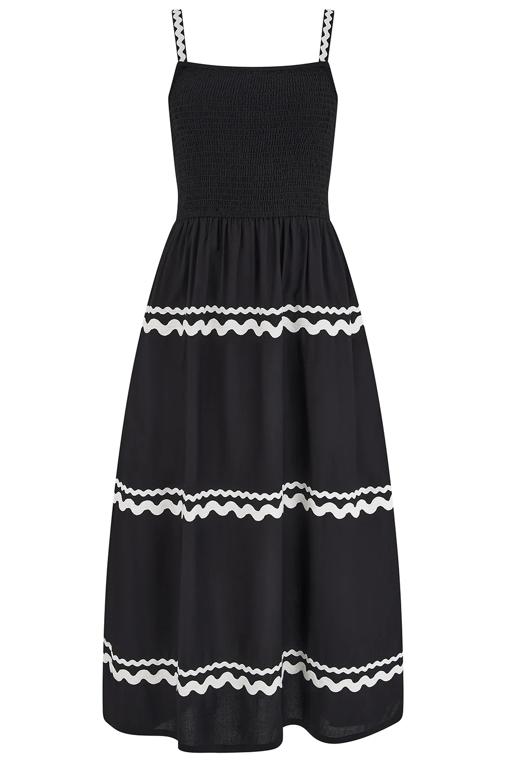 Penrose Shirred Sundress - Black Monochrome Ric Rac - Image 5