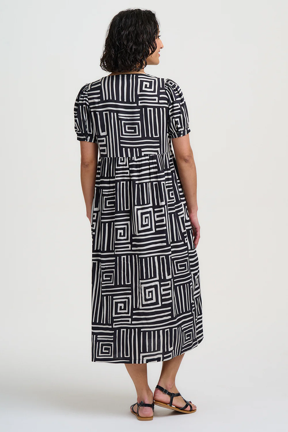 Priya Midi Smock Dress - Black & White, Monochrome Maze - Image 3