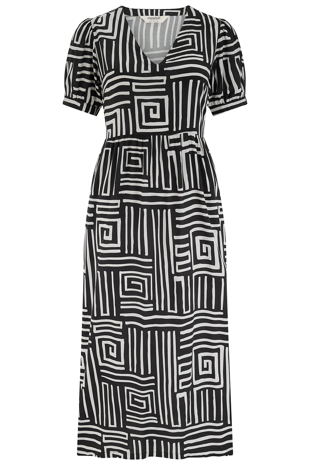 Priya Midi Smock Dress - Black & White, Monochrome Maze - Image 4
