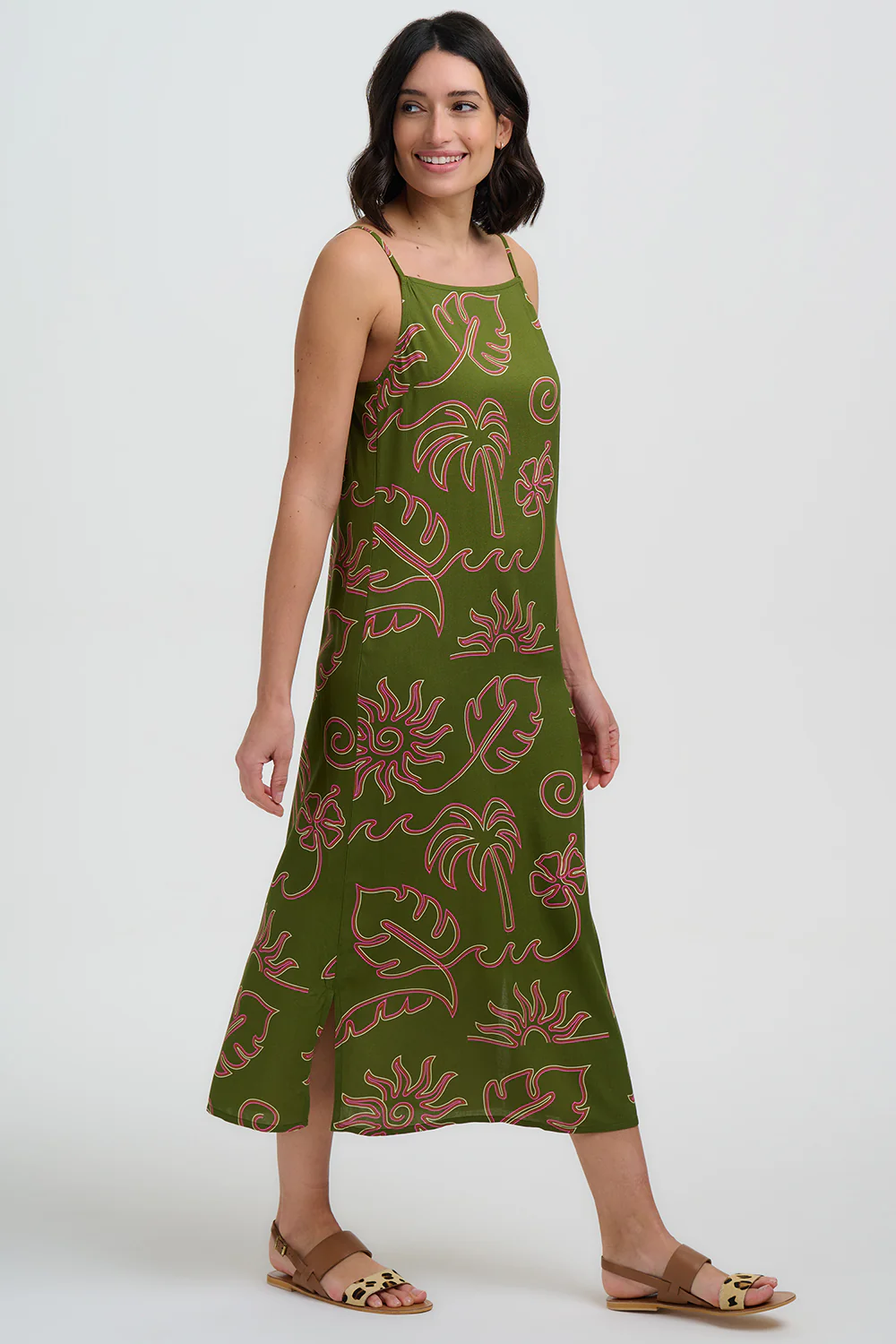 Raganni Midi Sundress - Khaki, Tropical Line Drawing - Image 4