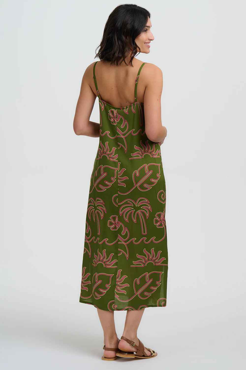 Raganni Midi Sundress - Khaki, Tropical Line Drawing - Image 6