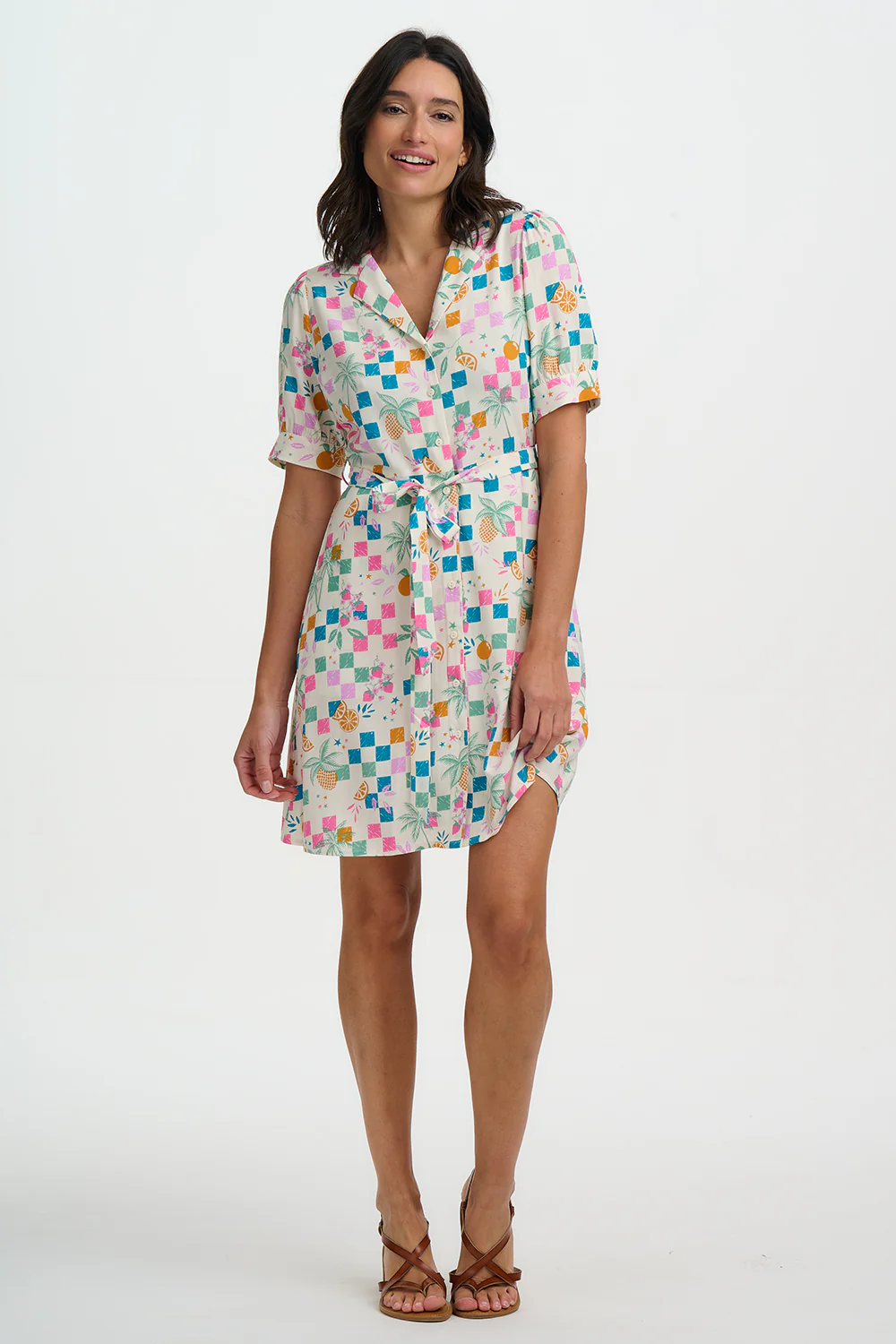 Rebekka Mini Shirt Dress - Off White, Fruit Checkerboard - Image 3