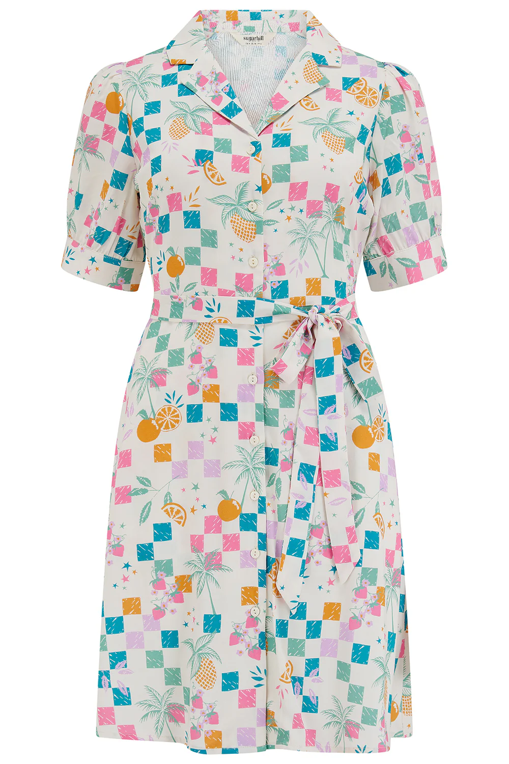 Rebekka Mini Shirt Dress - Off White, Fruit Checkerboard - Image 5