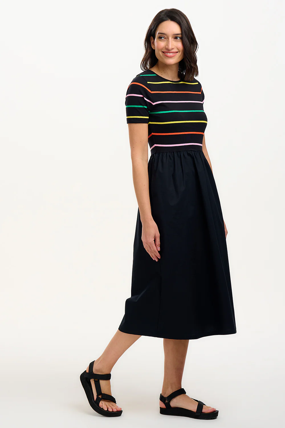 Rhian Jersey & Woven Mix Midi Dress - Black, Citrus Stripes - Image 4