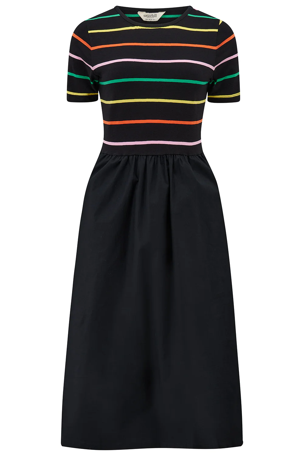 Rhian Jersey & Woven Mix Midi Dress - Black, Citrus Stripes - Image 6