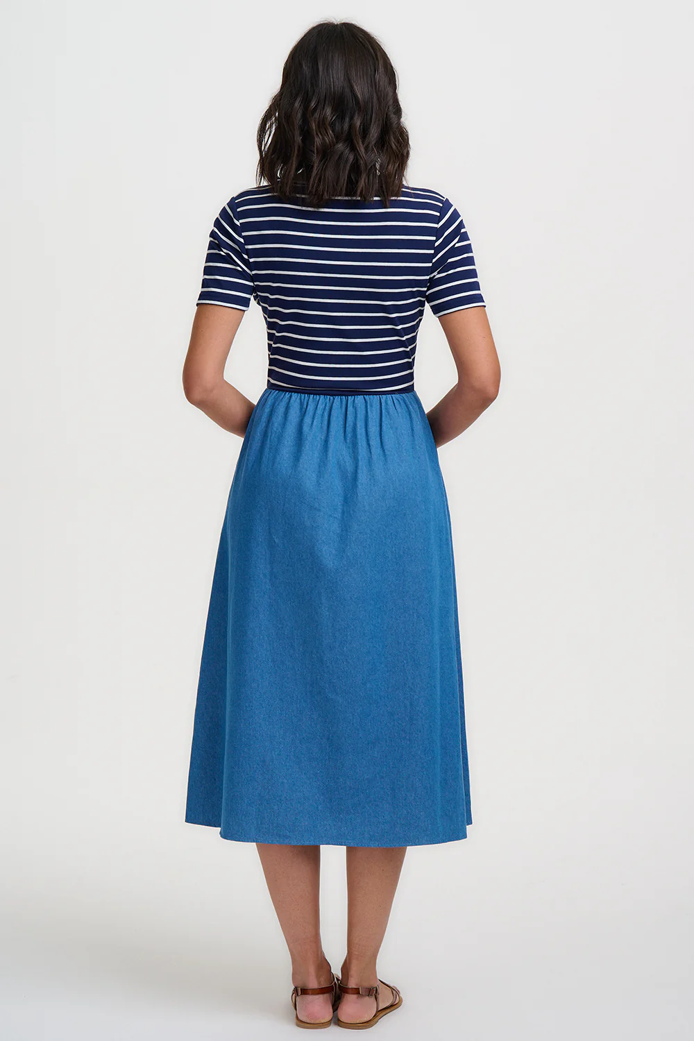 Rhian Jersey & Woven Mix Midi Dress - Navy/Off White, Stripe & Denim - Image 3