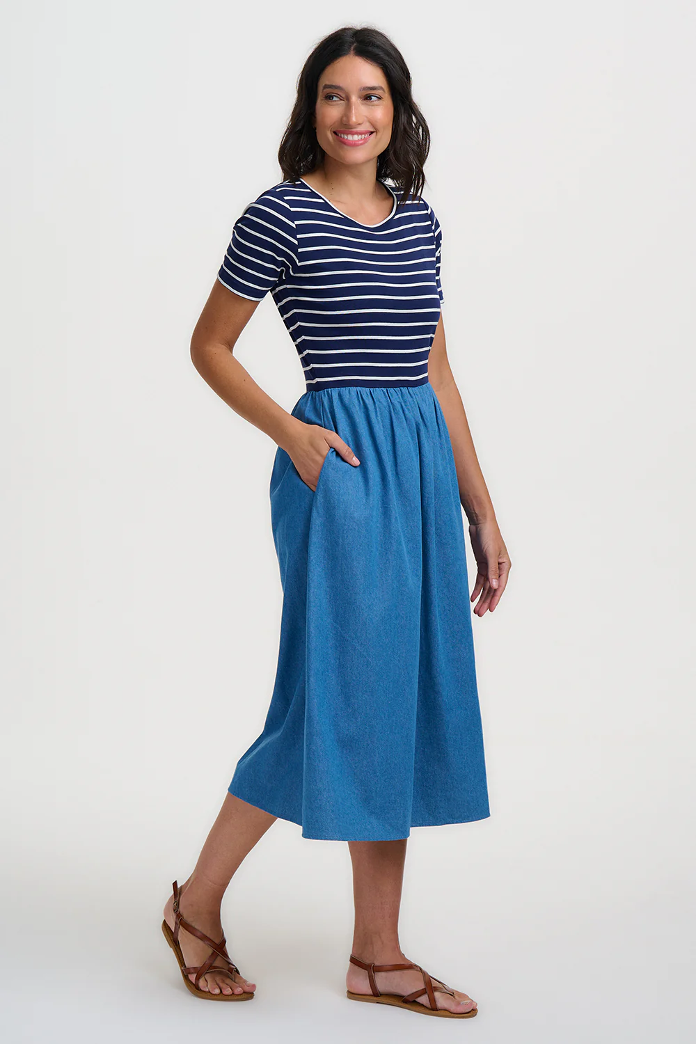 Rhian Jersey & Woven Mix Midi Dress - Navy/Off White, Stripe & Denim - Image 4