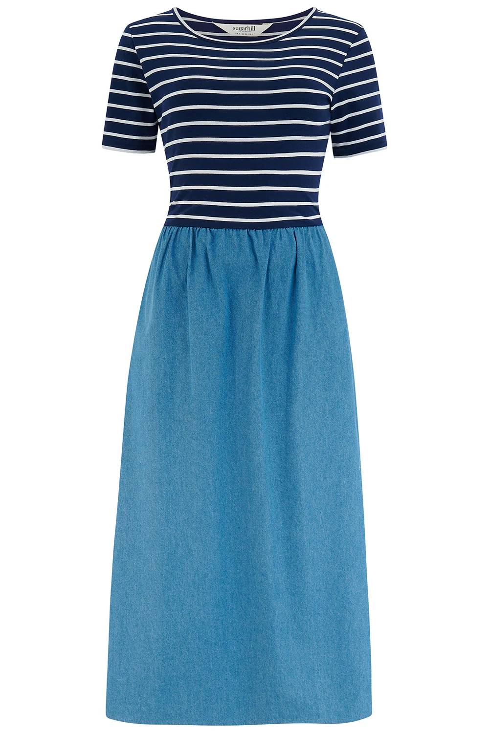 Rhian Jersey & Woven Mix Midi Dress - Navy/Off White, Stripe & Denim - Image 5