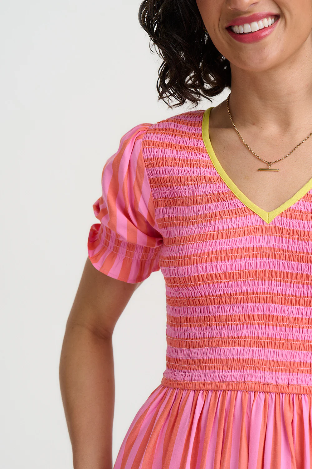 Ripley Shirred Midi Dress - Pink, Tropical Crush Stripe - Image 3