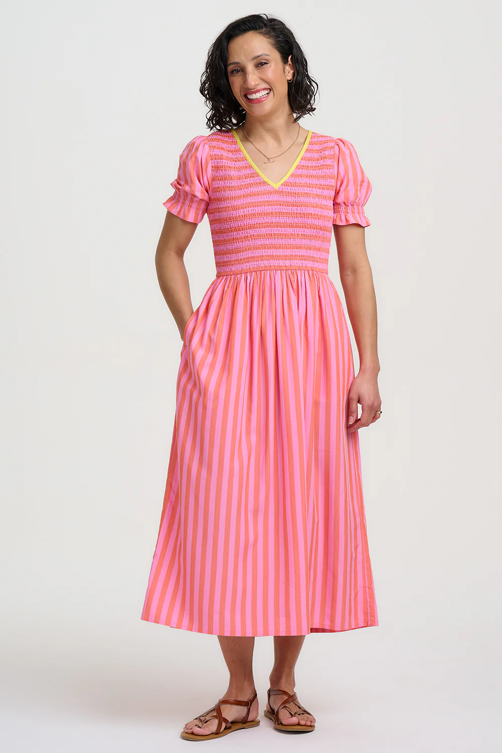 Ripley Shirred Midi Dress - Pink, Tropical Crush Stripe - Image 4