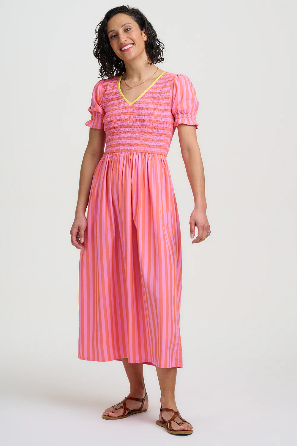Ripley Shirred Midi Dress - Pink, Tropical Crush Stripe - Image 5