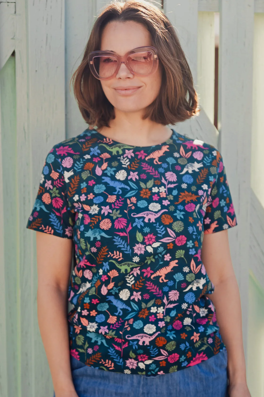 Ronah Crew Neck T-Shirt - Teal/Multi, Hidden Dinosaur