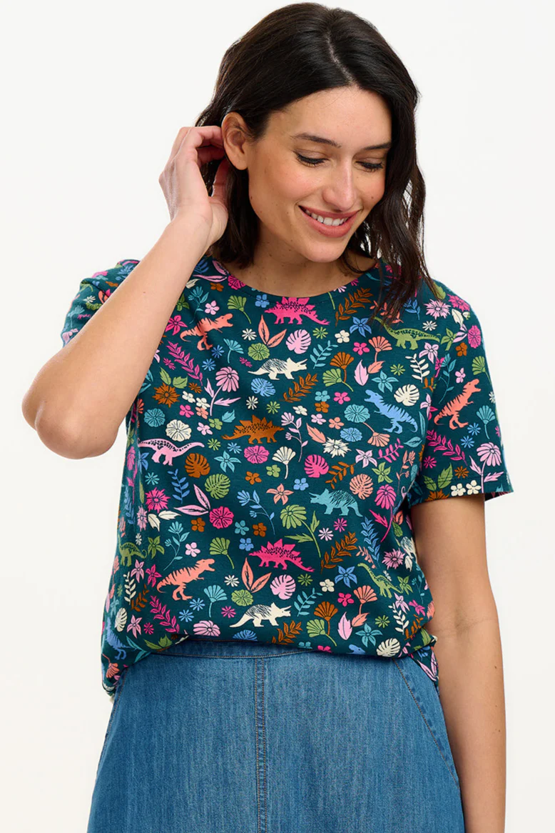 Ronah Crew Neck T-Shirt - Teal/Multi, Hidden Dinosaur - Image 3