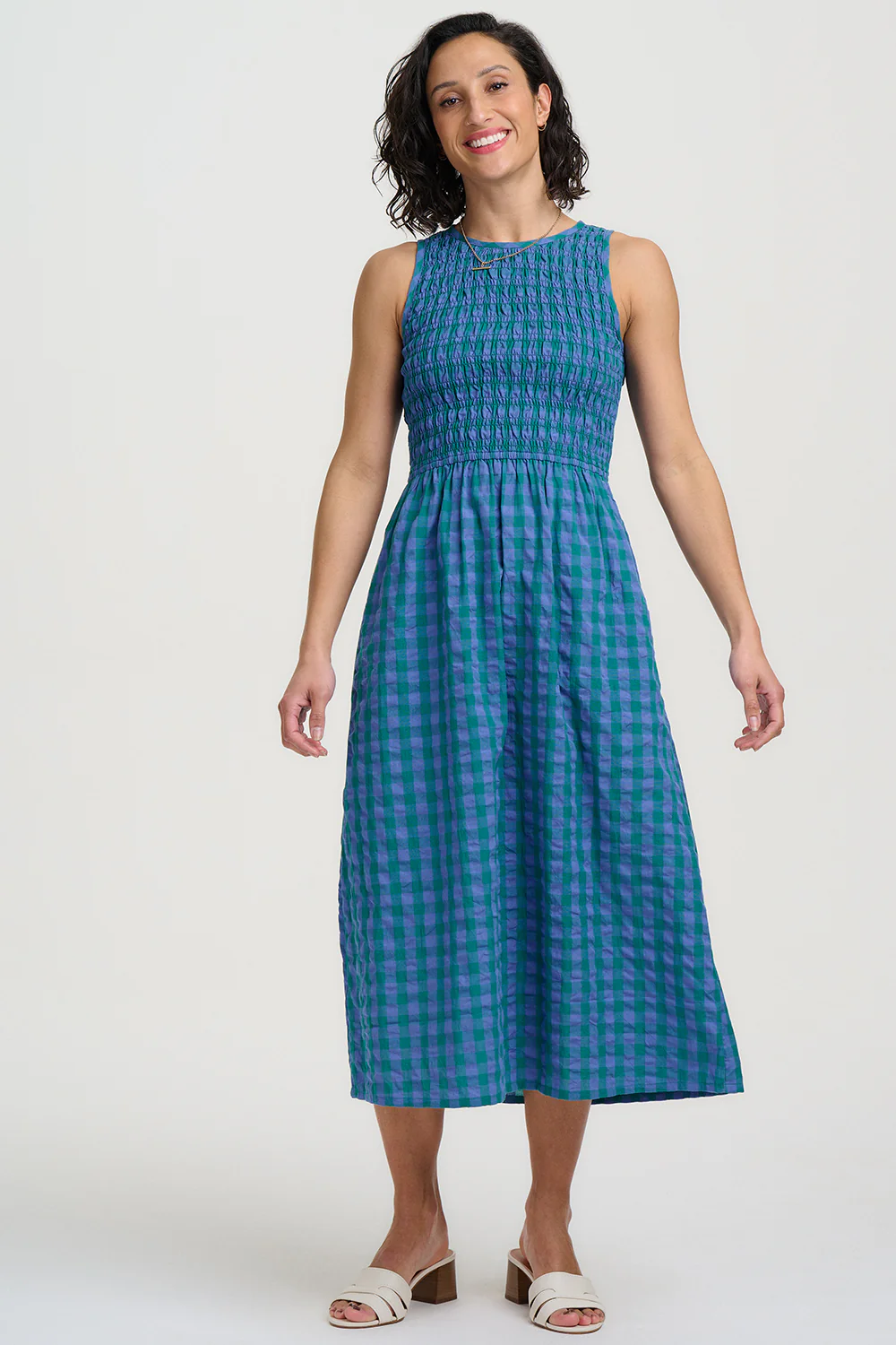 Sian Shirred Midi Dress - Blue & Green, Peacock Check