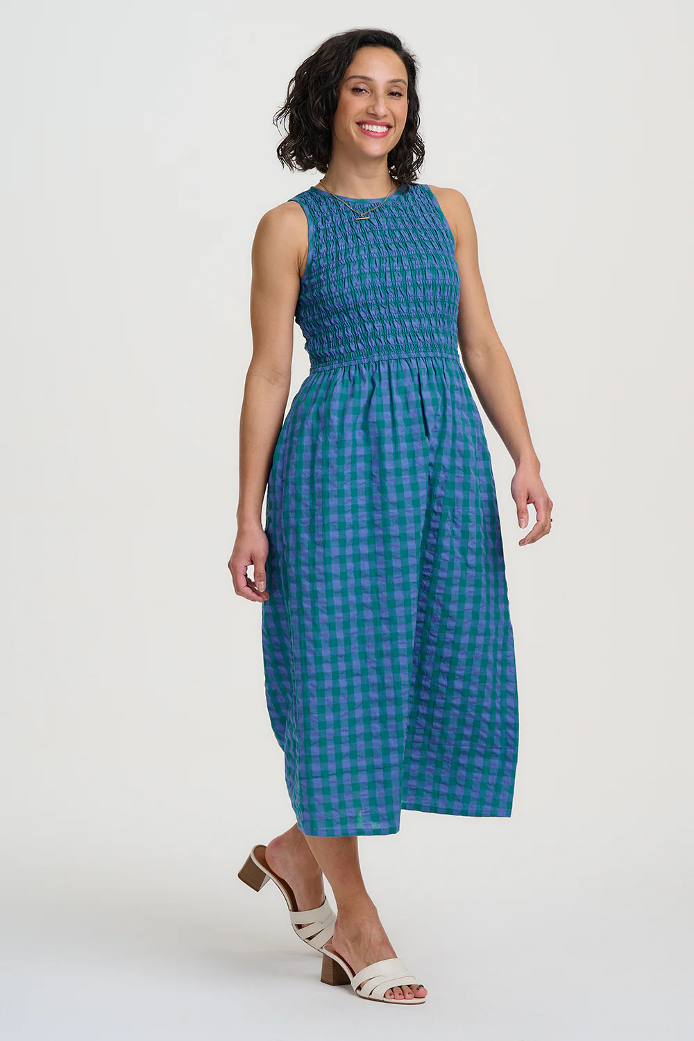Sian Shirred Midi Dress - Blue & Green, Peacock Check - Image 3