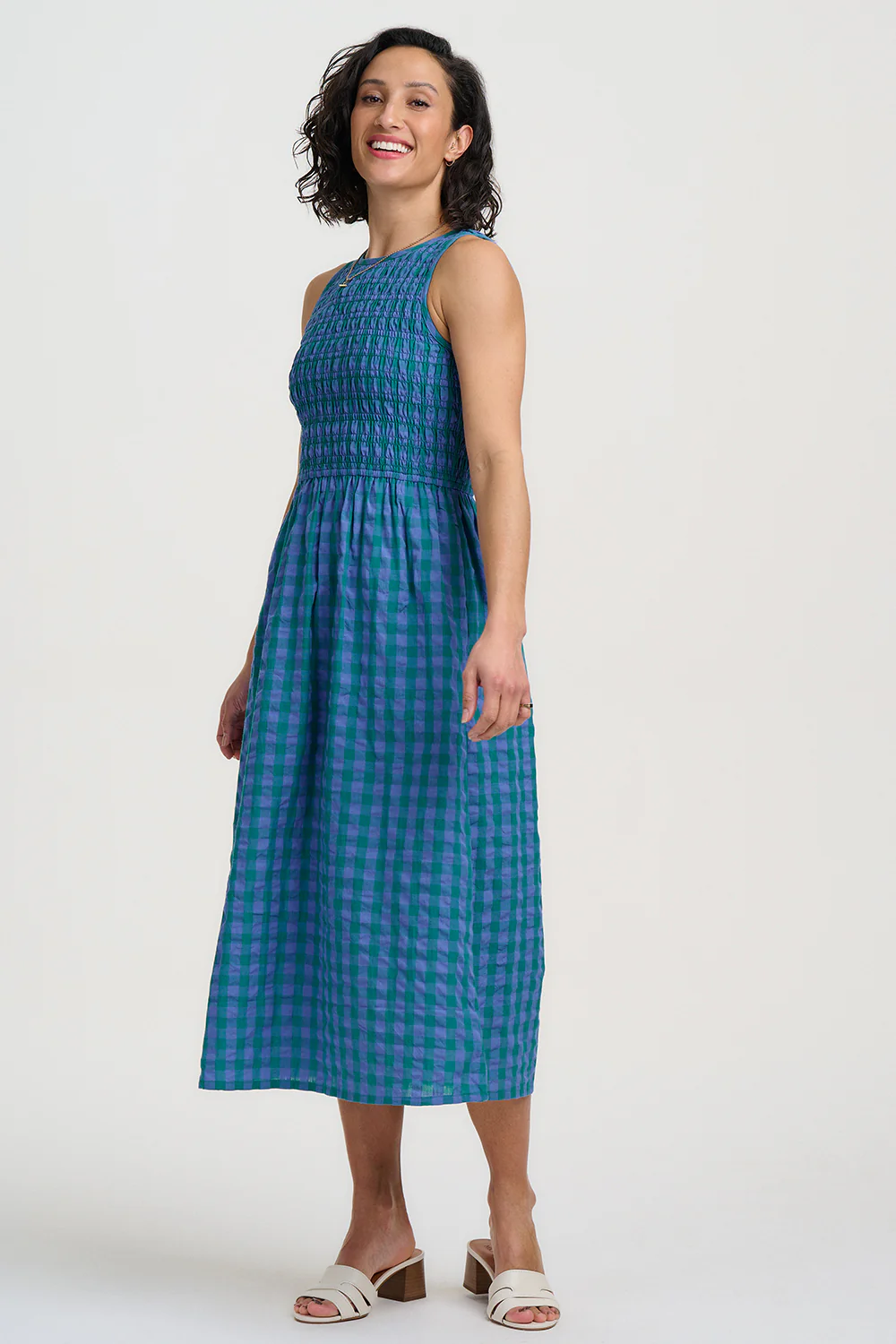 Sian Shirred Midi Dress - Blue & Green, Peacock Check - Image 4