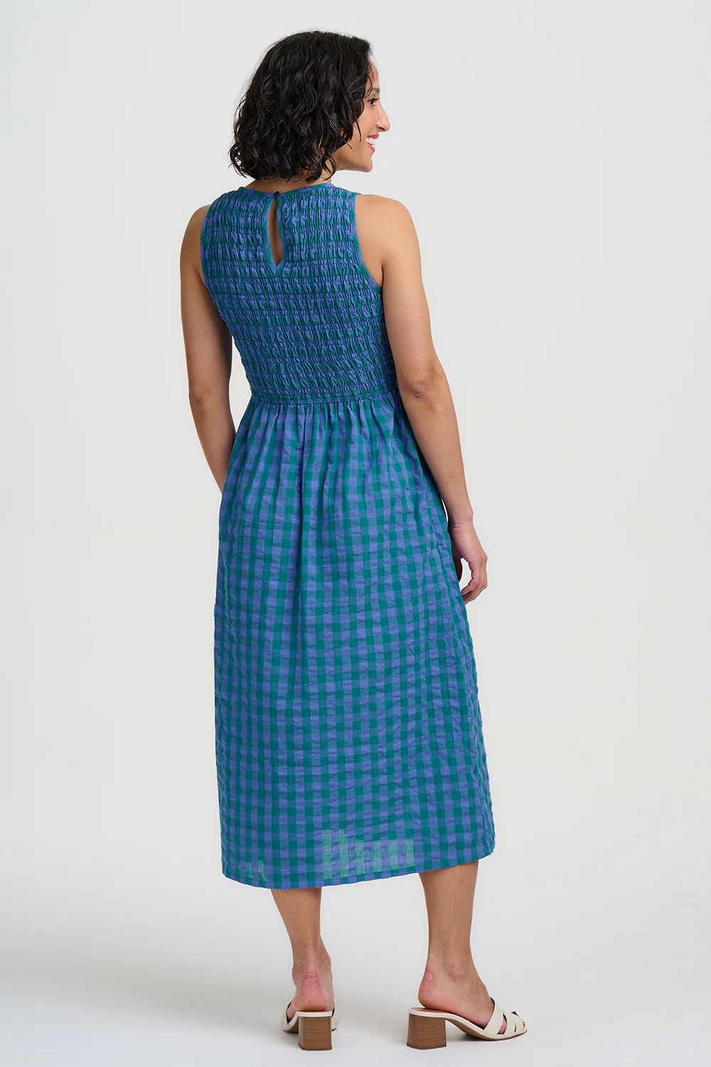 Sian Shirred Midi Dress - Blue & Green, Peacock Check - Image 5