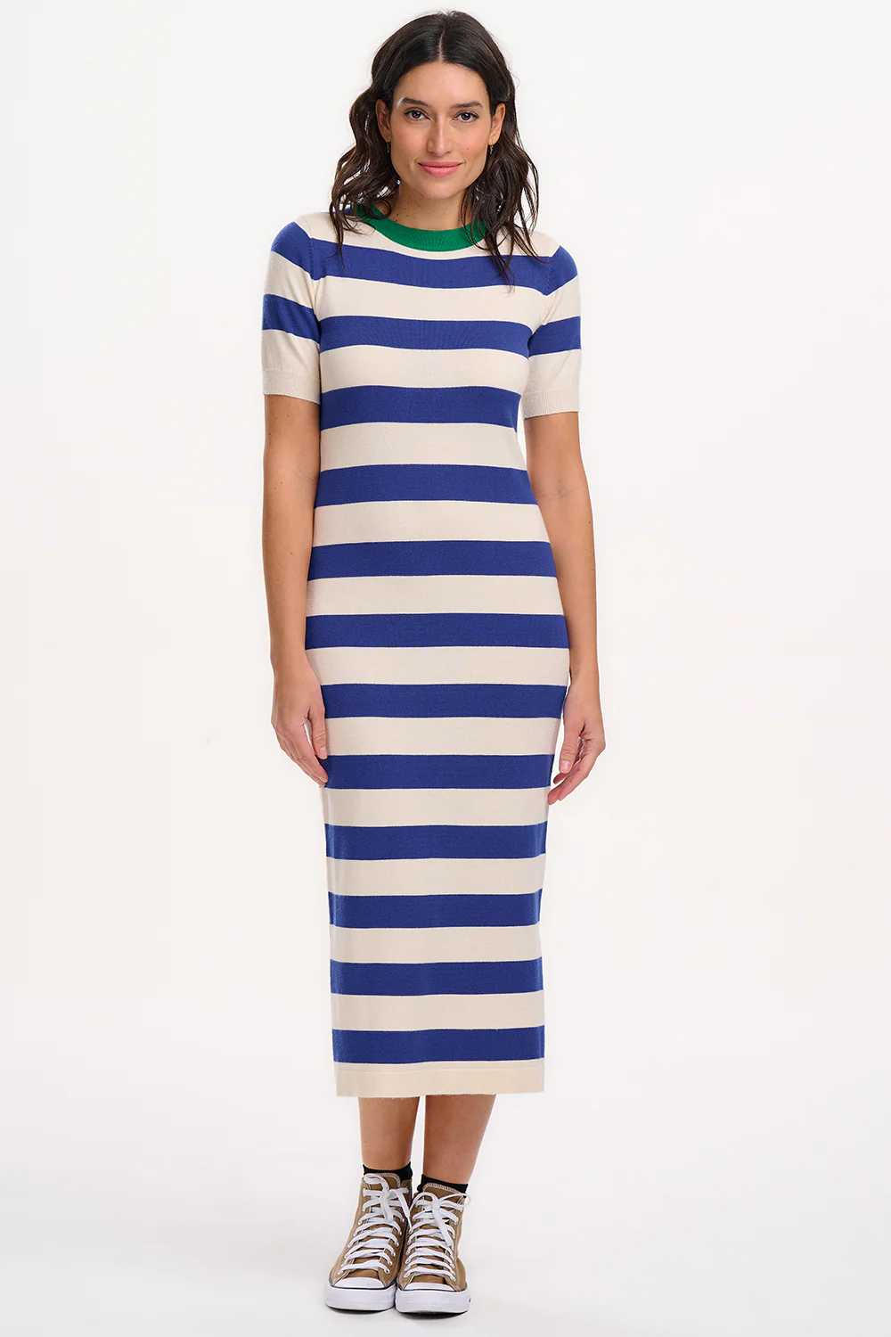 Sybil Midi Knit Dress - Blue/White, Contrast Neck - Image 3