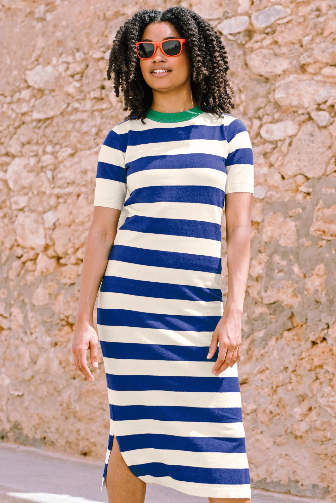 Sybil Midi Knit Dress - Blue/White, Contrast Neck - Image 5