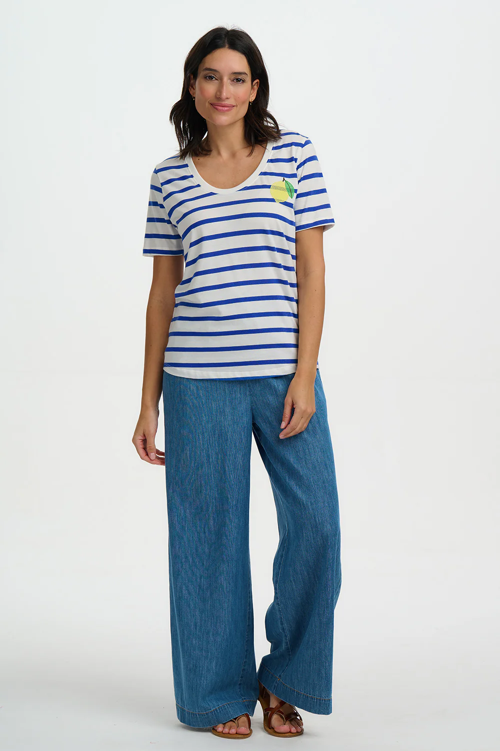 Sylvie Scoop Neck T-Shirt - Off White/Blue , Stripes & Lemon - Image 4