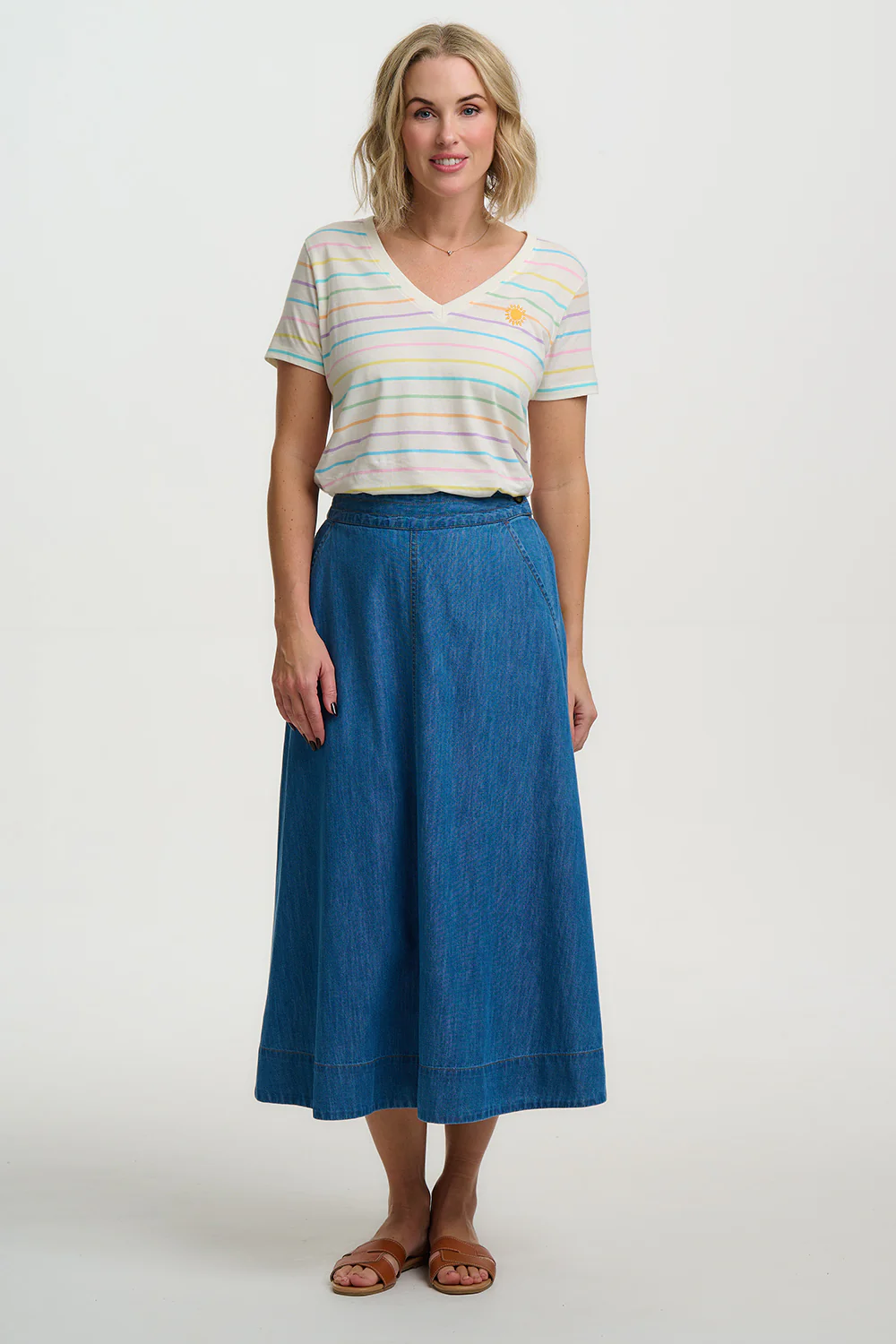 Khloe V-Neck T-Shirt - White/Multi, Pastel Stripe & Sun - Image 3