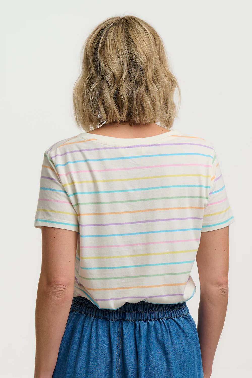 Khloe V-Neck T-Shirt - White/Multi, Pastel Stripe & Sun - Image 4