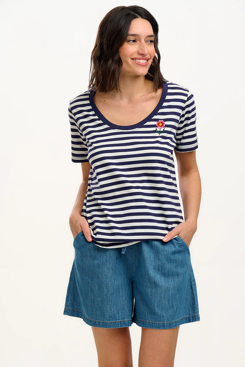 Sylvie Scoop Neck T-Shirt - White/Navy, Stripe & Folk Flower - Image 3